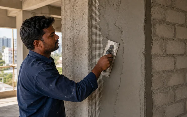 Fibre-reinforced plastering with mesh treatment at a Smart Space construction site in Bangalore