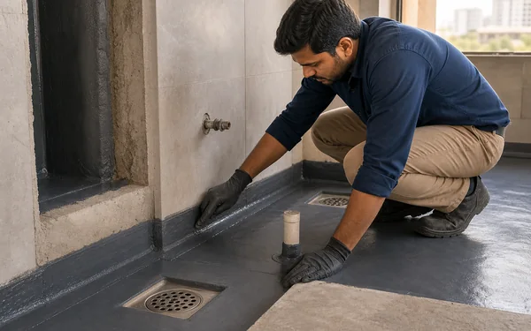 Leak-safe waterproofing detailing around floor traps and pipe penetrations in a wet area