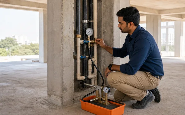 Concealed plumbing lines being pressure-tested before walls and floors are closed