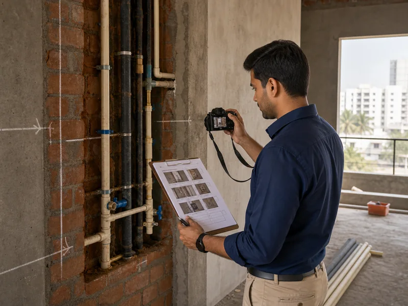 Stage-wise photo checklist documenting concealed construction work before plastering and tiling