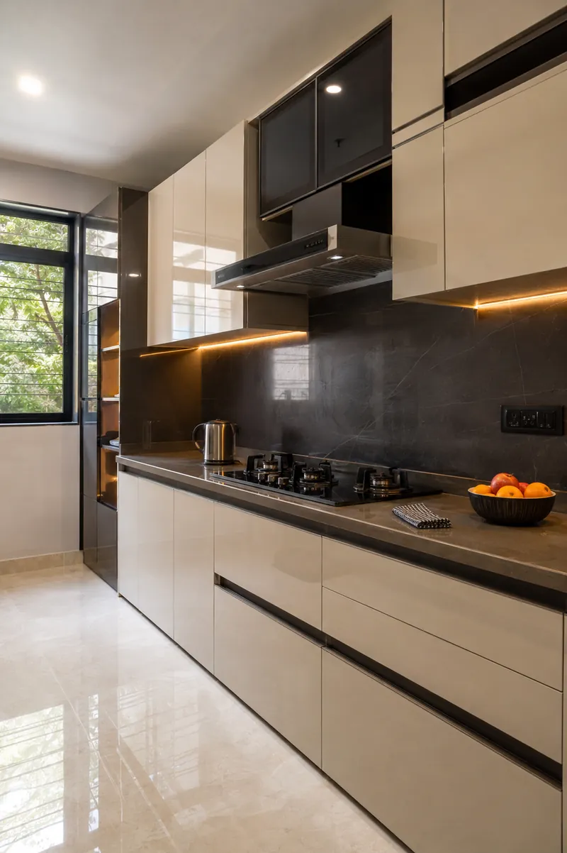 A modular kitchen in cream high-gloss acrylic with a dark stone counter, backsplash, chimney and hob - the free interiors included with this offer