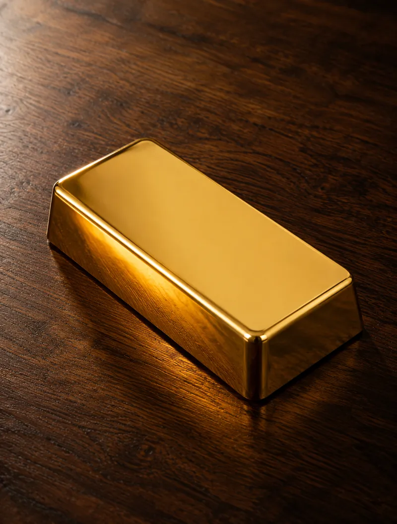 A polished gold bar on a dark wooden table - the 10 grams of assured gold included with this offer