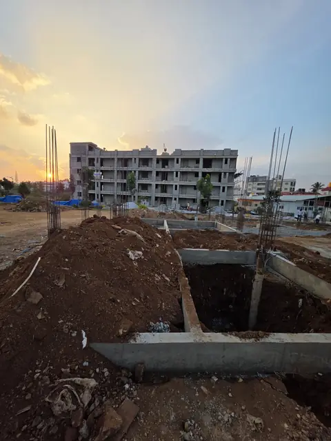 Site at dusk with foundation in place - Mr. Arjun project, RR Nagar