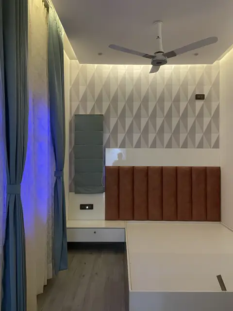 Bedroom with wall panelling and curtains - Mr. Nagaraj project, Bangalore
