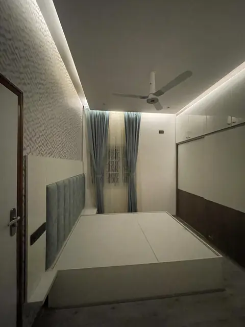 Bedroom with headboard and window drapes - Mr. Nagaraj project, Bangalore