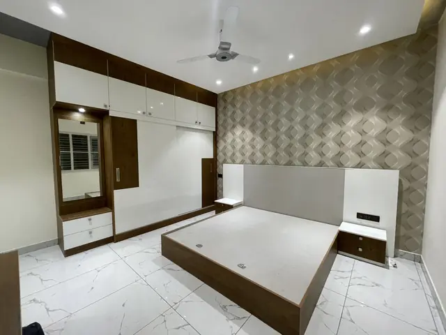 Bedroom with wallpapered headboard wall - Mr. Ranjith project, Bangalore