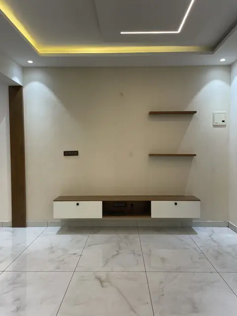 Floating television unit with cove-lit ceiling - Mr. Ranjith project, Bangalore