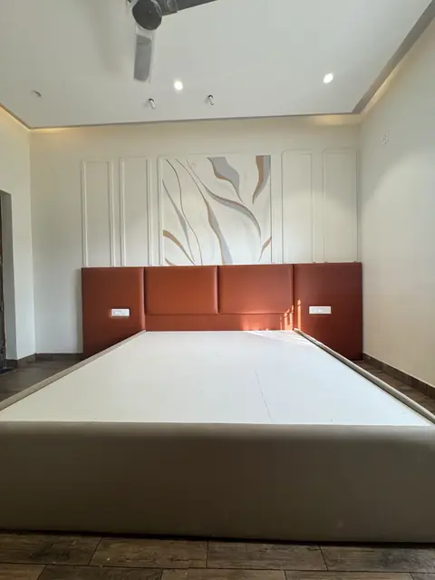 Bedroom with upholstered headboard panel - Mr. Ranjith project, Bangalore