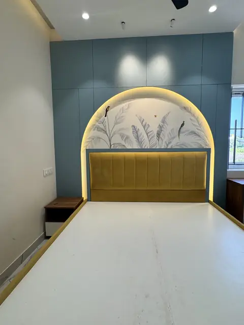 Bedroom with arch headboard and bedside - Mr. Ranjith project, Bangalore