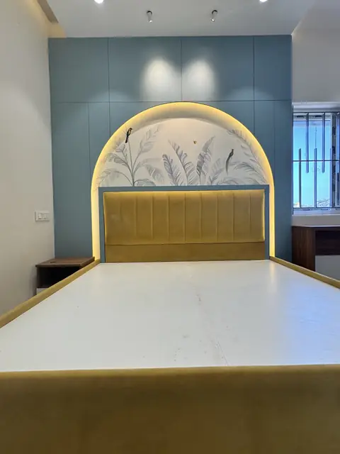 Backlit arched headboard with printed panel - Mr. Ranjith project, Bangalore