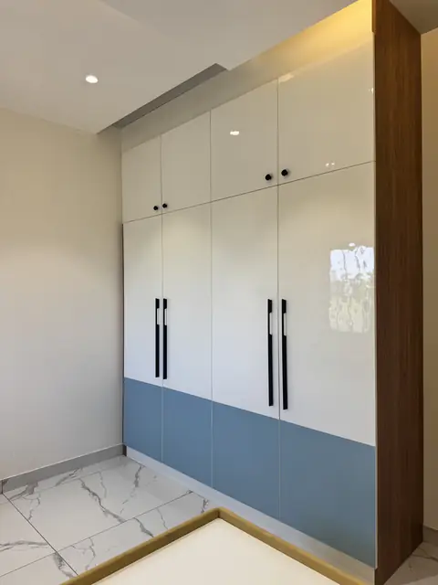 White and blue wardrobe joinery - Mr. Ranjith project, Bangalore