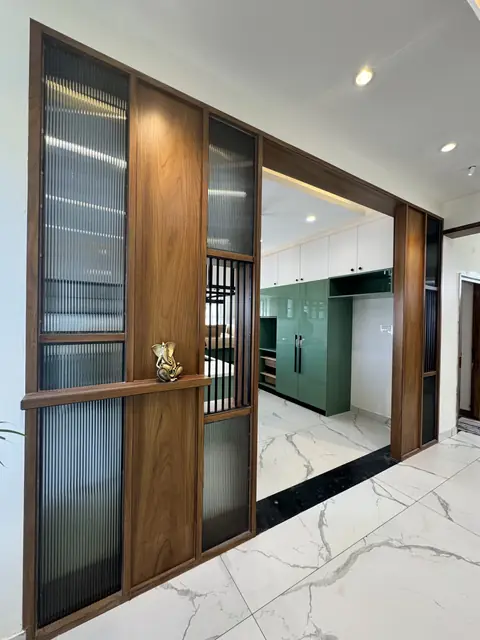 Timber partition screen viewed from living - Mr. Ranjith project, Bangalore