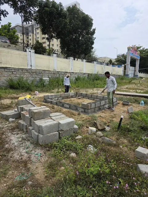 Concrete blocks placed for setting out - Mr. Santosh project, Andrahalli