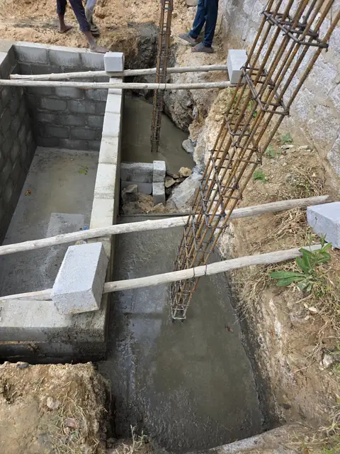 Column cages over concreted footing trench - Mr. Santosh project, Andrahalli