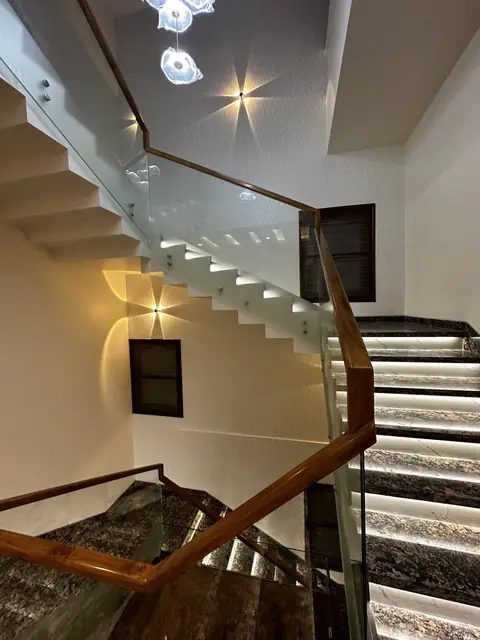 Lit staircase with glass railing - Mr. Siddanth project, Bangalore
