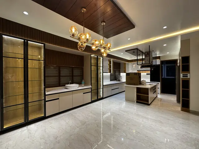Modular kitchen with island and chandelier - Mr. Siddanth project, Bangalore