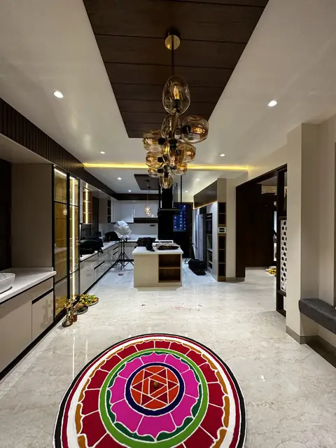 Dining corridor with rangoli on floor - Mr. Siddanth project, Bangalore