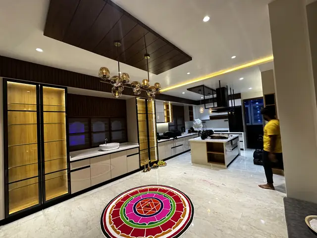 Kitchen area with rangoli and pendants - Mr. Siddanth project, Bangalore