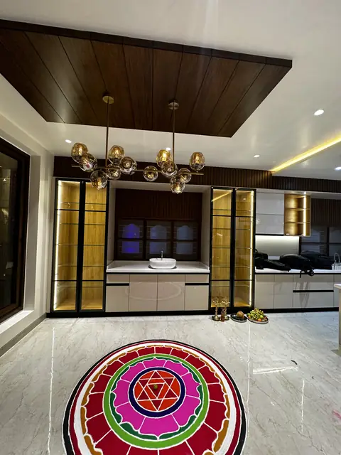 Kitchen entrance with wooden ceiling panel - Mr. Siddanth project, Bangalore