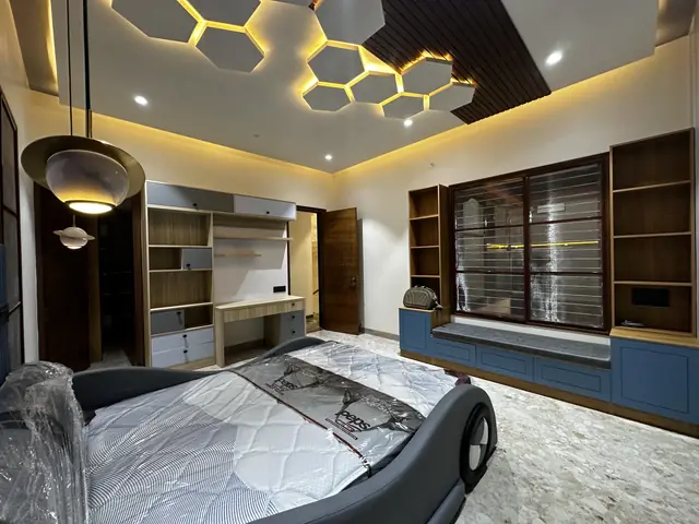 Themed bed under hexagonal ceiling lights - Mr. Siddanth project, Bangalore