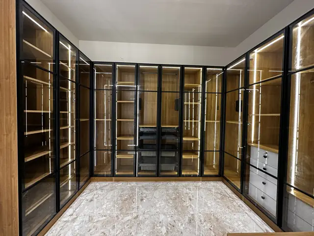 Walk-in wardrobe with glass shutters - Mr. Siddanth project, Bangalore