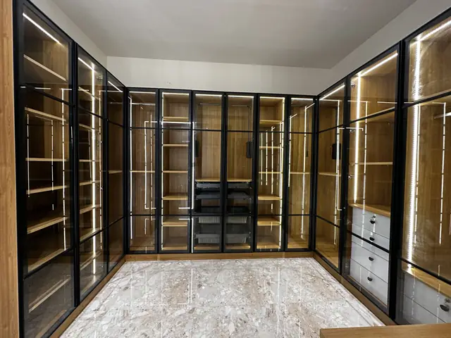 Walk-in wardrobe corner with lit shelving - Mr. Siddanth project, Bangalore