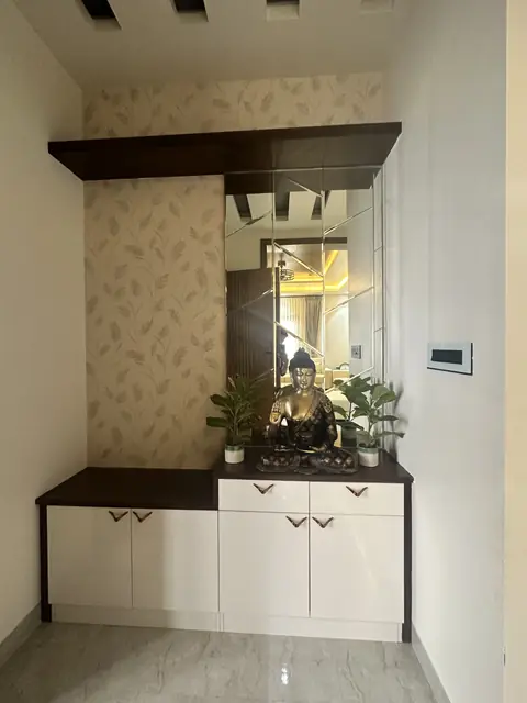 Pooja unit with wallpaper backdrop - Mr. Siddanth project, Bangalore