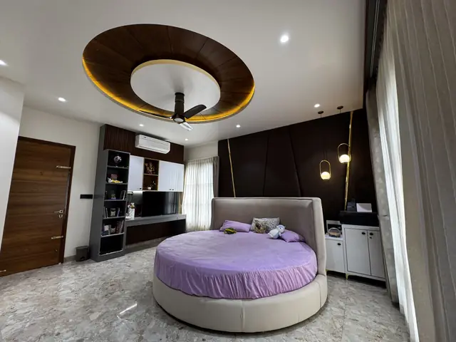 Round bed under circular wooden ceiling - Mr. Siddanth project, Bangalore