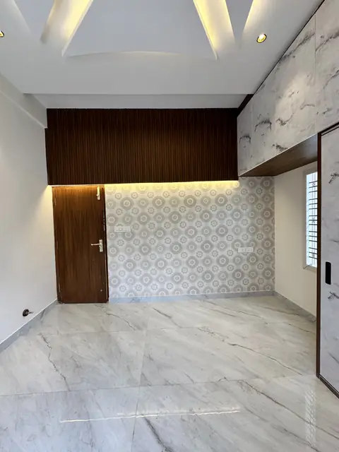 Finished bedroom with wallpaper and cove lighting - Mr. Umesh project, Bangalore