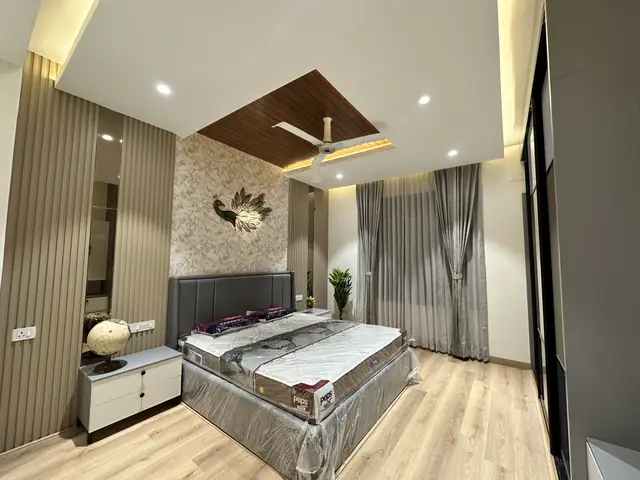 Bedroom wardrobe wall and wooden ceiling detail - Mr. Willfred project, Bangalore