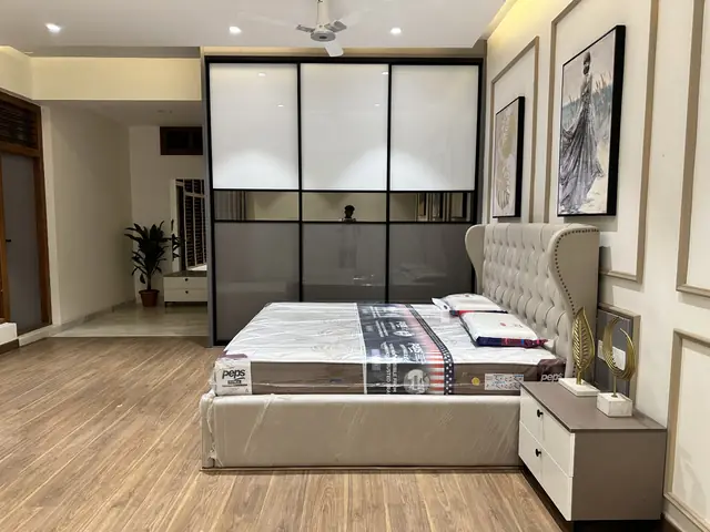 Bedroom with tall headboard and side tables - Mr. Willfred project, Bangalore