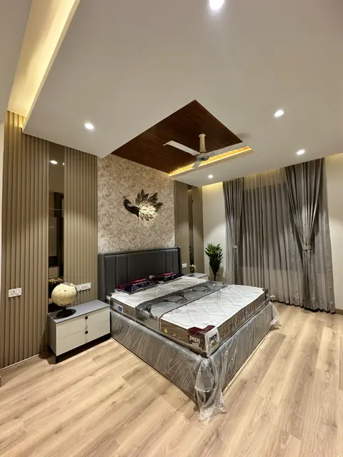 Bedroom with panelled feature wall lighting - Mr. Willfred project, Bangalore