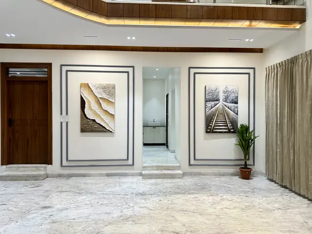 Upper corridor with wall panelling and lighting - Mr. Willfred project, Bangalore