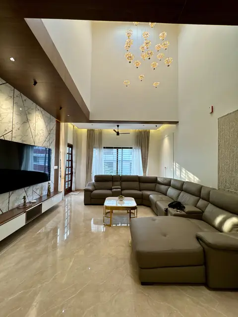Furnished living room with pendant chandelier - Mrs. Anitha project, Bangalore