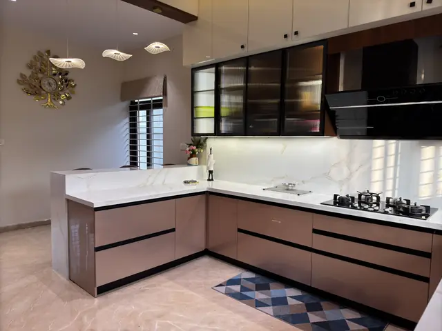 L-shaped modular kitchen with overhead cabinets - Mrs. Anitha project, Bangalore