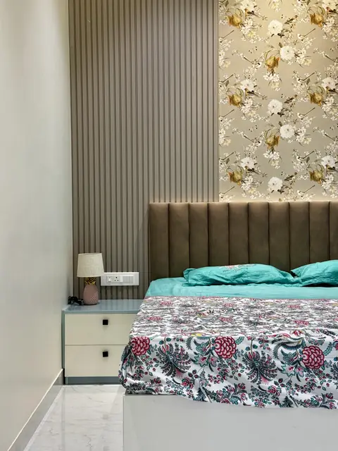 Upholstered headboard below decorative panel - Mrs. Anitha project, Bangalore