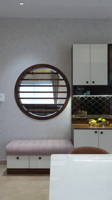 Circular timber window above cushioned seat - Mrs. Anitha project, Bangalore