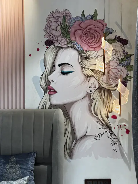Printed mural above upholstered bed headboard - Ms. Rashmi project, Bangalore