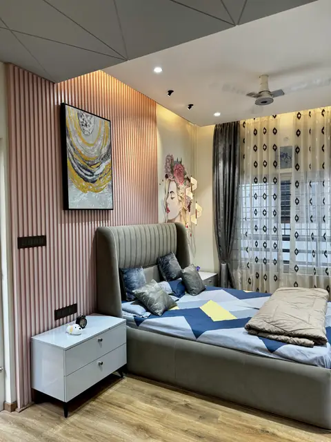 Bedroom view with bedside unit and artwork - Ms. Rashmi project, Bangalore