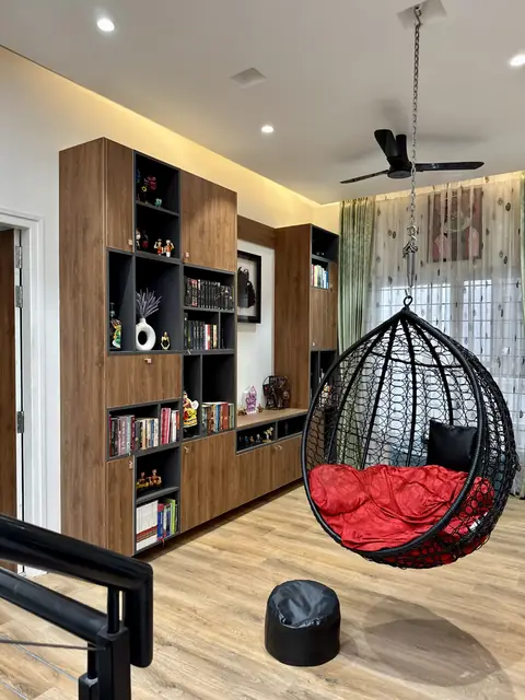 Timber display shelving with hanging swing chair - Ms. Rashmi project, Bangalore