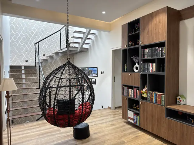 Living room shelving, swing chair and staircase - Ms. Rashmi project, Bangalore