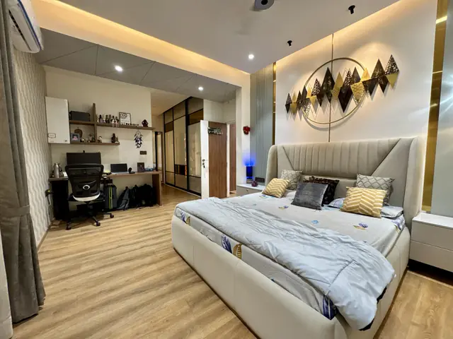 Bedroom with desk, wardrobe and headboard wall - Ms. Rashmi project, Bangalore