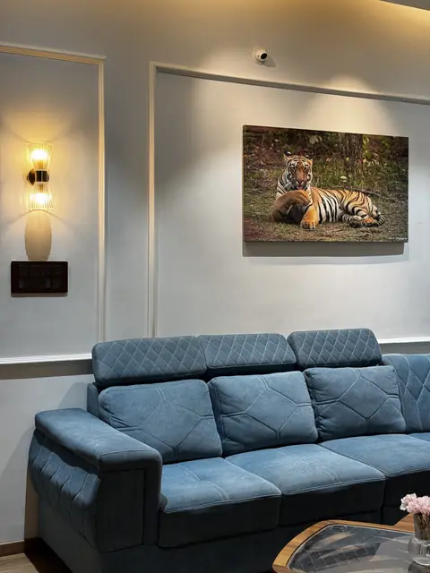 Framed artwork above sofa on panelled wall - Ms. Rashmi project, Bangalore