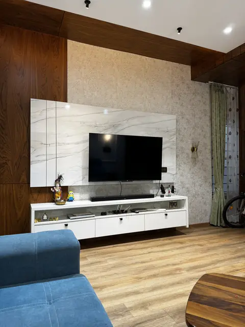 Television wall with timber-framed side panelling - Ms. Rashmi project, Bangalore