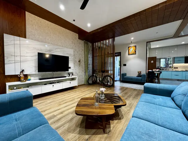 Living area with sofa, table and screen - Ms. Rashmi project, Bangalore