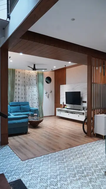 Living room view through timber fin screen - Ms. Rashmi project, Bangalore