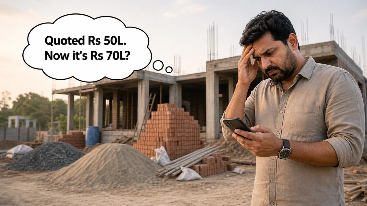 Homeowner under stress at a Bangalore house construction site after costs rise beyond the original budget.