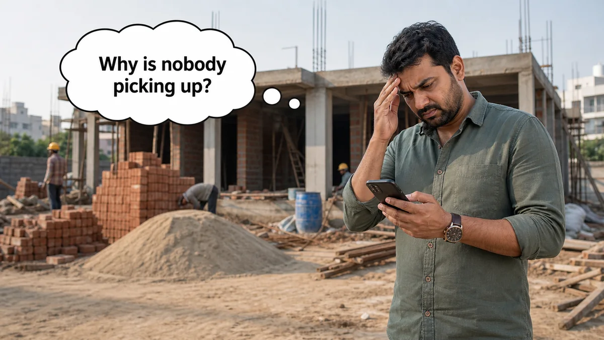 Frustrated homeowner checking his phone at a Bangalore construction site while the contractor stays unresponsive.