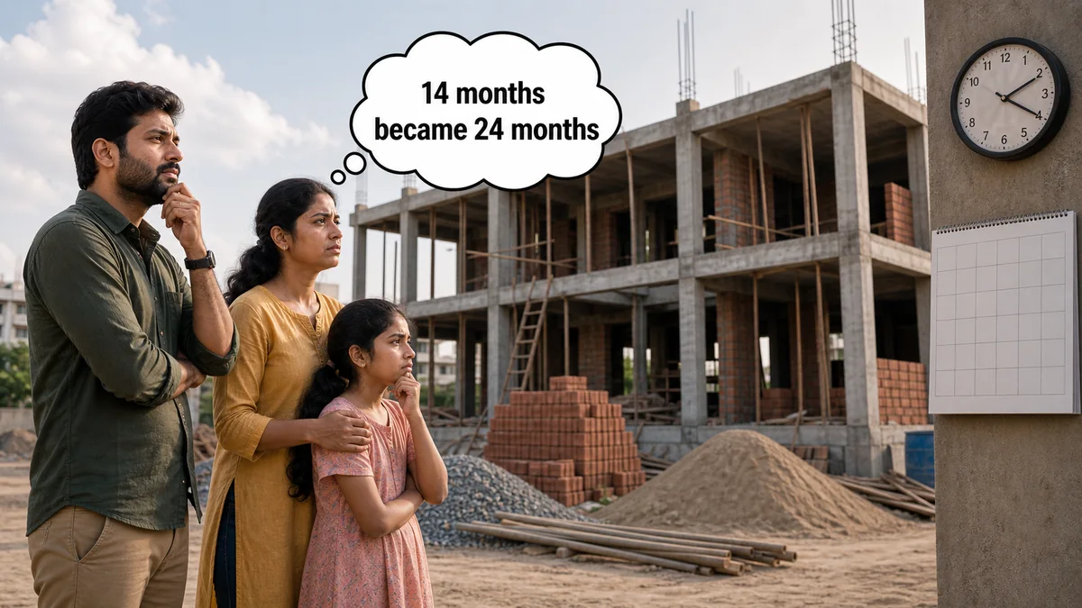Family waiting beside an unfinished Bangalore house as construction delays stretch on for months.