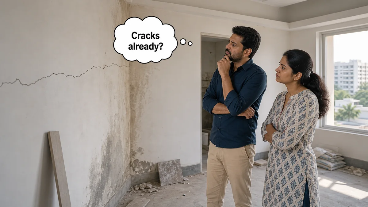 Couple inspecting early wall cracks and damp seepage caused by poor-quality house construction work.